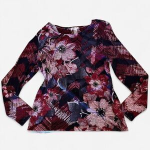 Y2K White Stag long sleeve top with floral print and sequin details red. Size: S